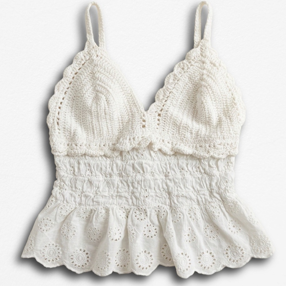 American Flirt White Crochet Eyelet Peplum Camisole Top Smocked Festival Small